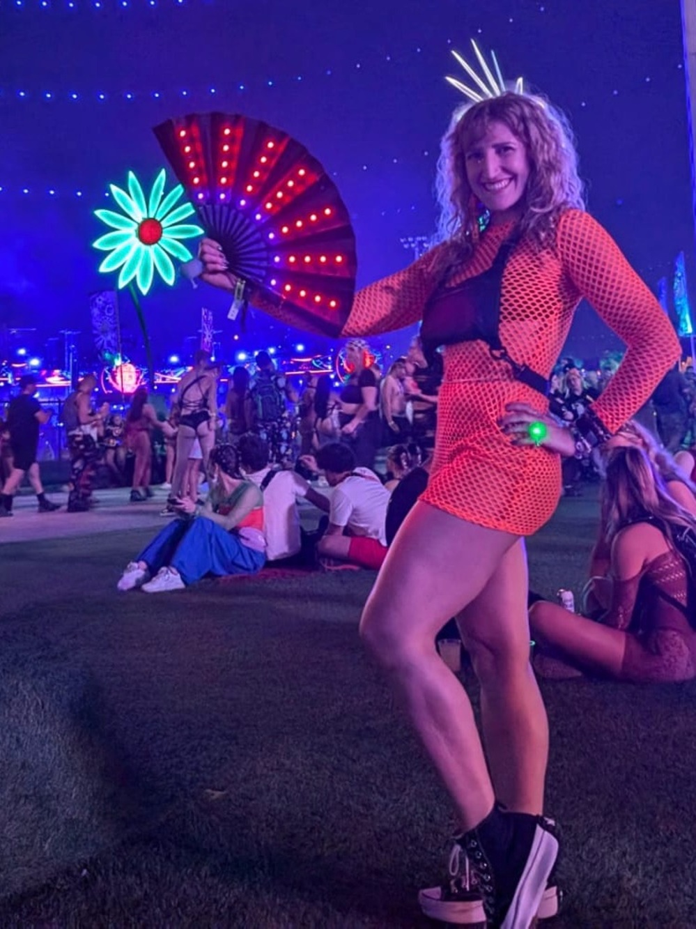 DollsKill Clubexx Neon Orange Fishnet Long Sleeve Mini Dress